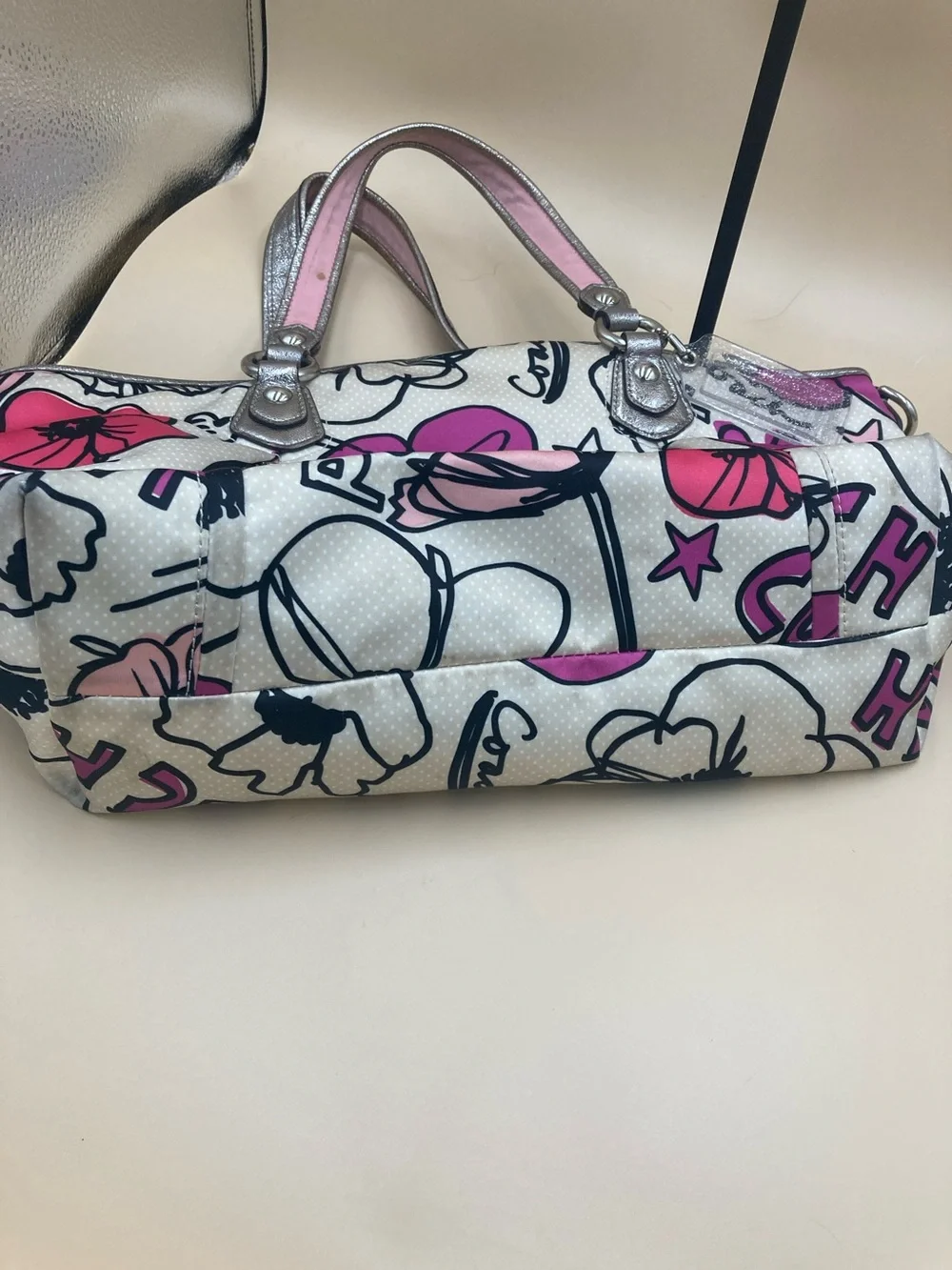 Coach Pink and Silver Floral Graphic Shoulder Bag